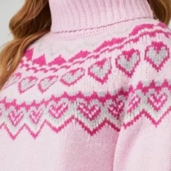 LoveShackFancy Tobi Sweater - Pink Heart Nordic Turtleneck  L - gently used - Picture 2 of 6